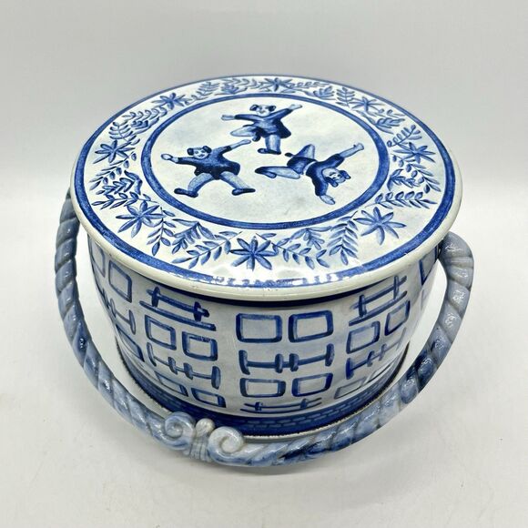 Vintage Metal Tin with Roped Handle Blue White - Picture 1 of 8